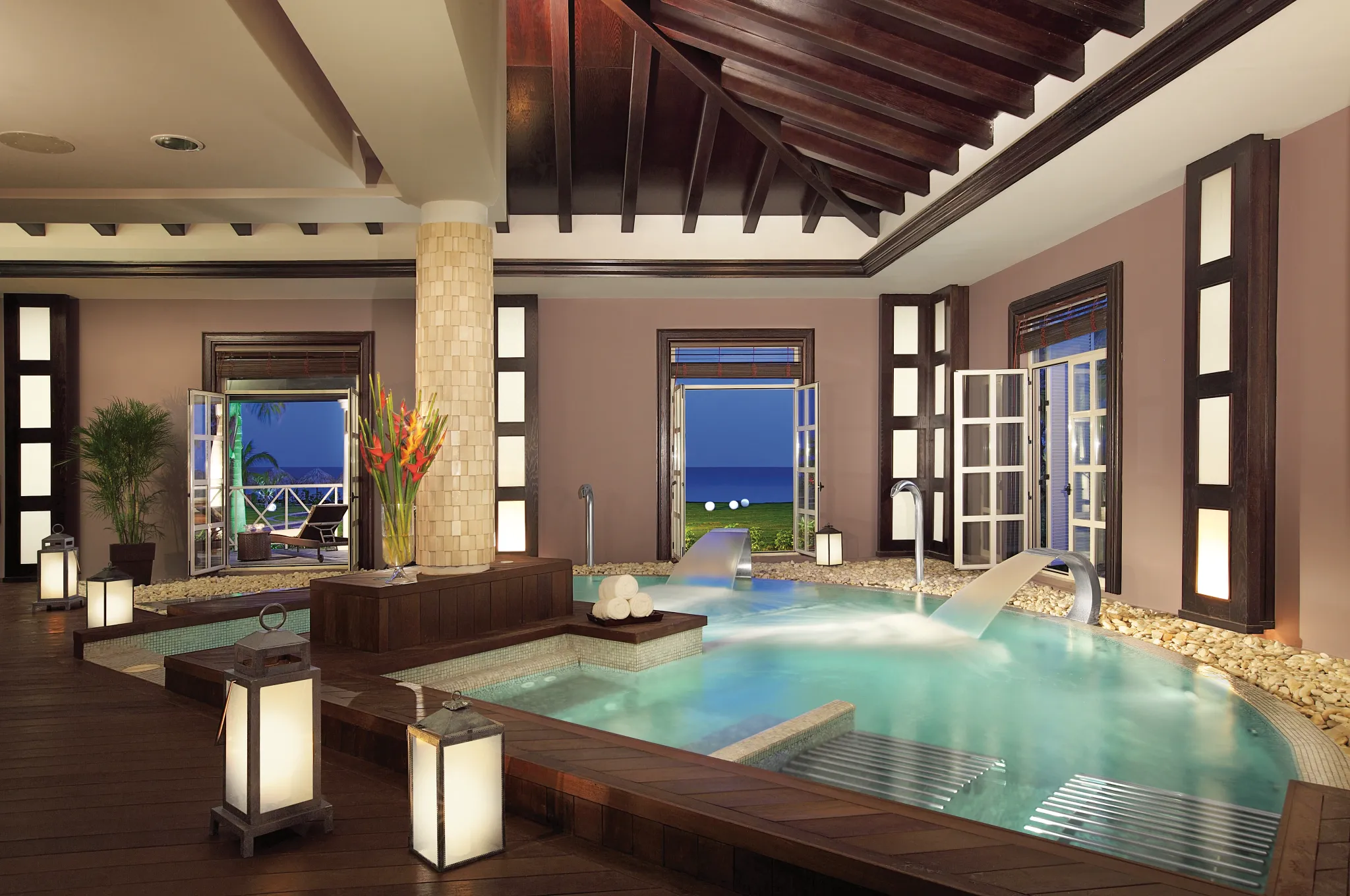 Hydrotherapy spa pool with ocean views at Secrets Wild Orchid Montego Bay in Jamaica.